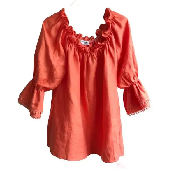 Paris Susan Sutherland Linen Blouse XL Coral Embroidered - Picture 1 of 16